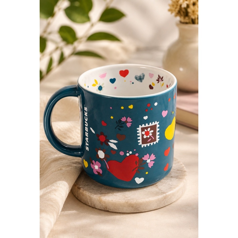 Starbucks 2023 Valentine Confetti Floral Hearts 14 oz Ceramic Mug Teal New